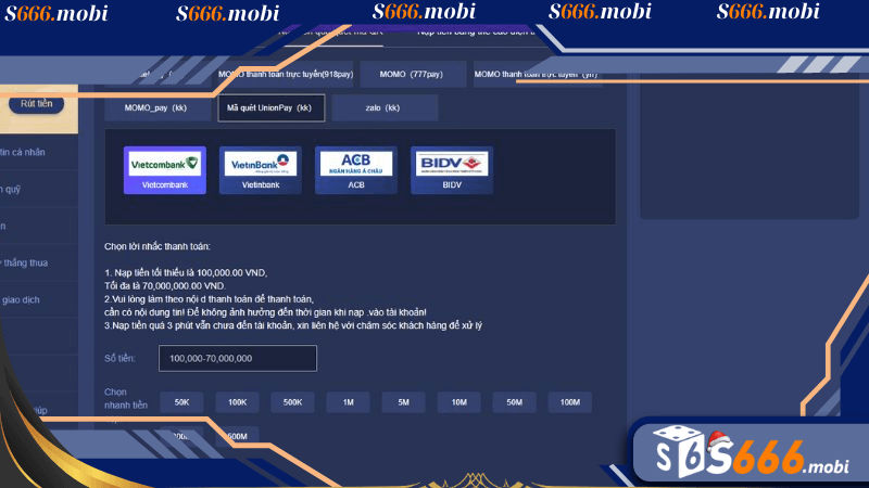 chi tiết về phương thức nạp tiền S666
